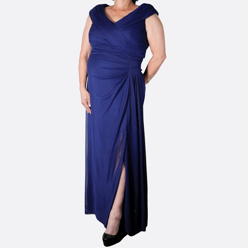 Alex Evenings Royal Blue Gown Plus 1X‎ Off-Shoulder Pleated Mesh Formal Dress